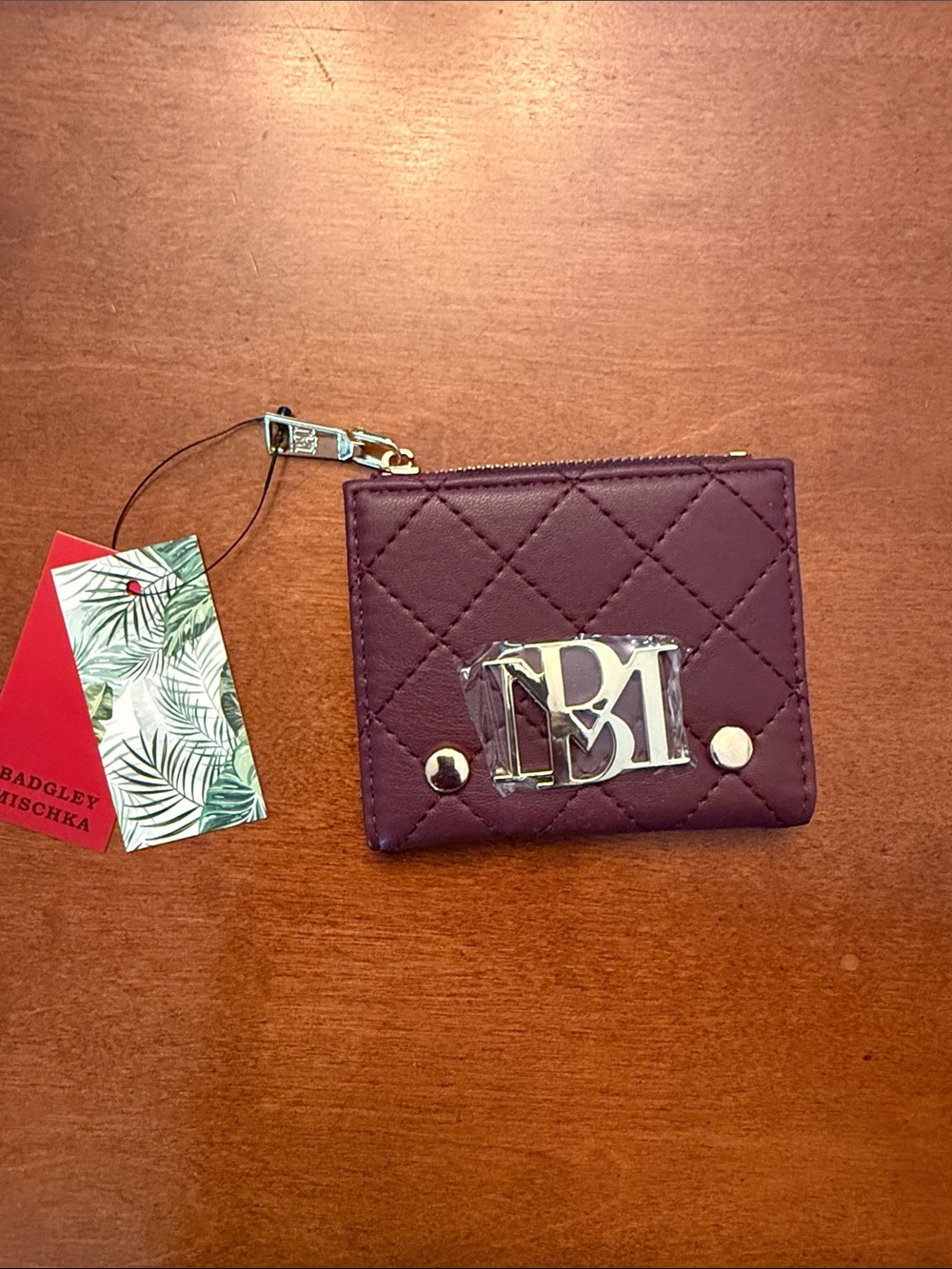 Badgley Mischka Quilted Card & Key Pouch - Plum with Silver Hardware